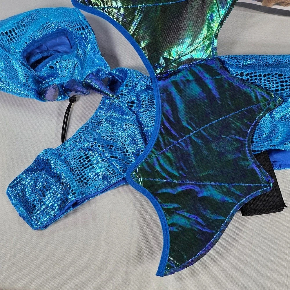 New Vibrant Life Halloween Dragon Costume Dog Medium Blue Metallic Wings 2pc Set
